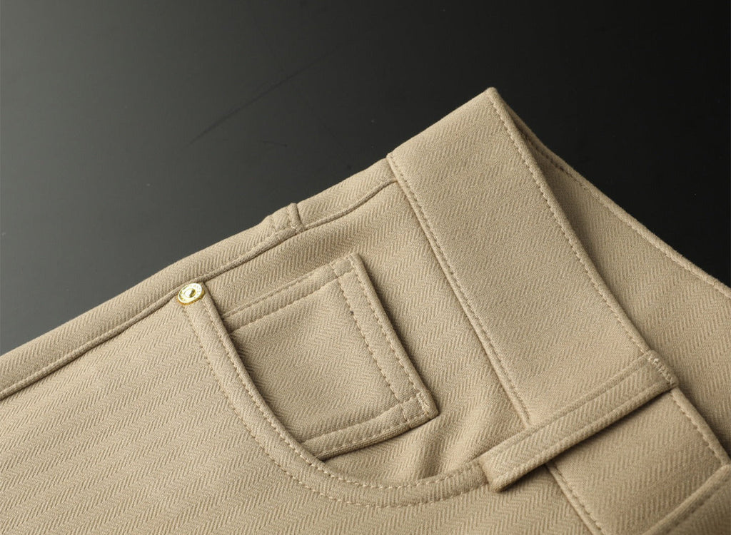 Herringbone Tailored Trousers Tonal Crest Embroidery Leather Patch – Birch