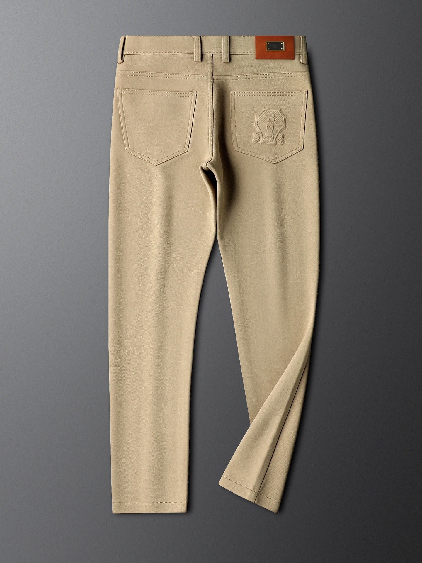 Herringbone Tailored Trousers Tonal Crest Embroidery Leather Patch – Birch