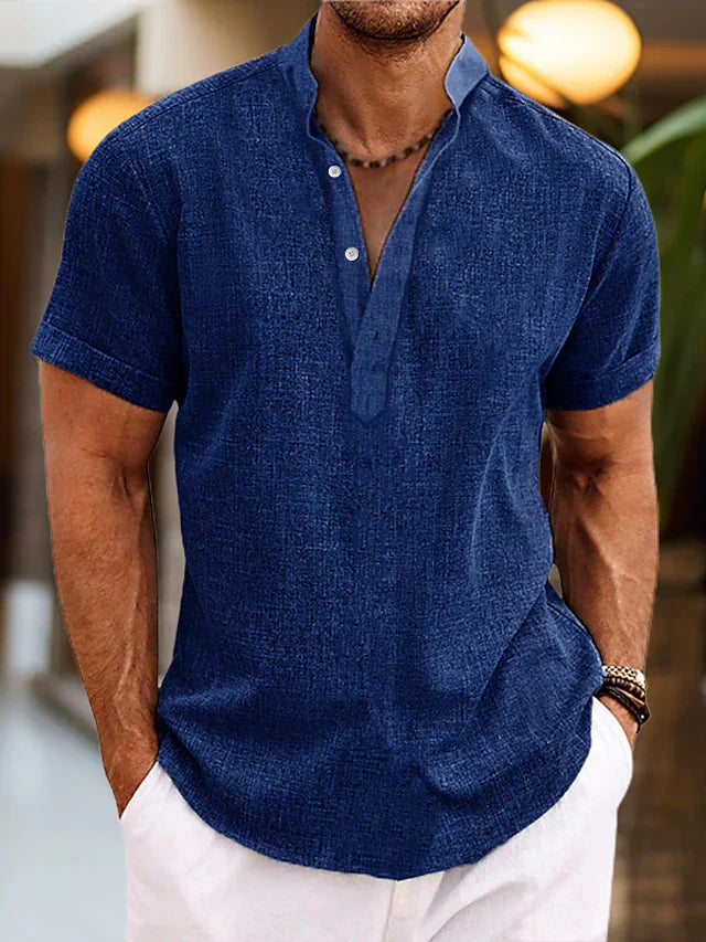 Men's Henley Short Sleeve Shirt Textured Woven Button Placket – Tallo