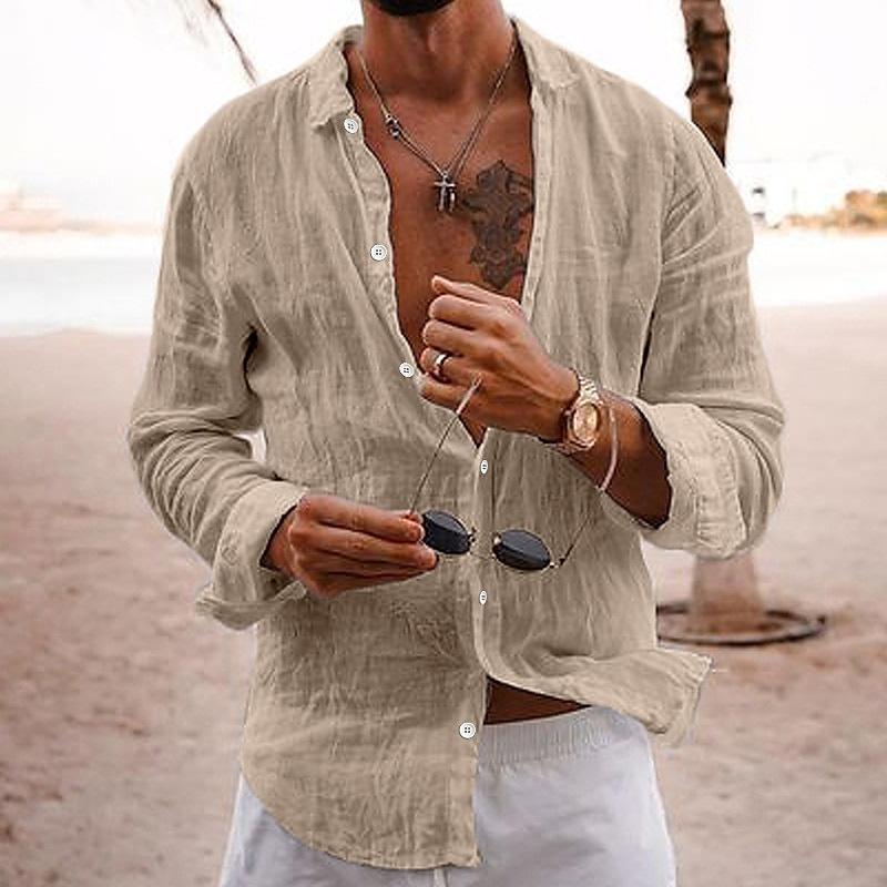 Long Sleeve Button Front Summer Shirt in Light Beige – Dune