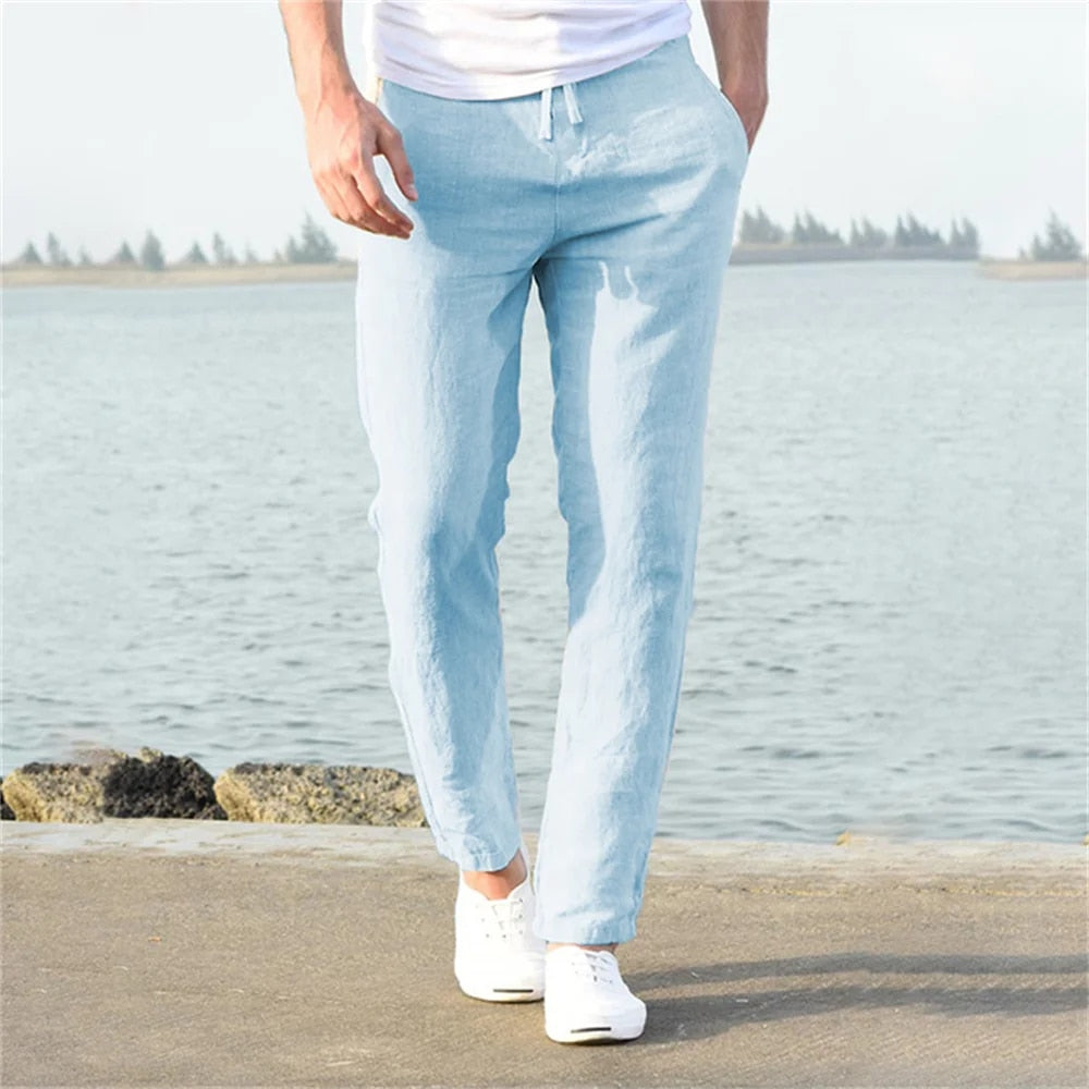 Linen Pants Men Drawstring Waist Tapered Leg