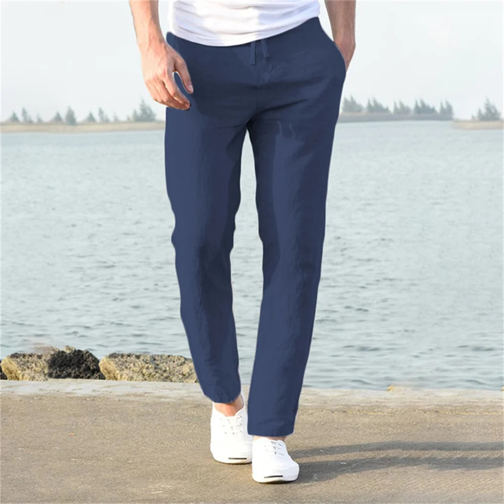 Linen Pants Men Drawstring Waist Tapered Leg