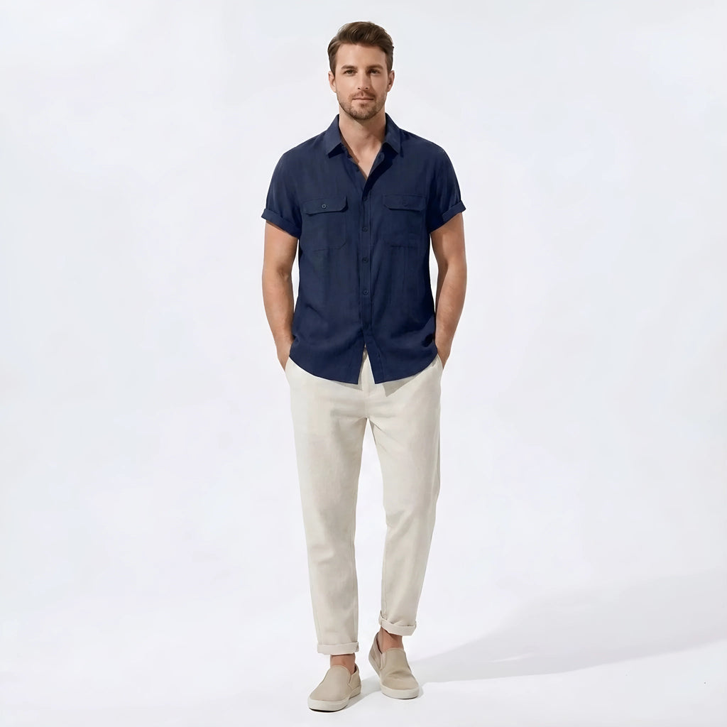 Close-up of navy linen-rayon utility shirt and straight-leg pants set – TARLANO
