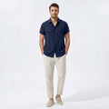 Close-up of navy linen-rayon utility shirt and straight-leg pants set – TARLANO