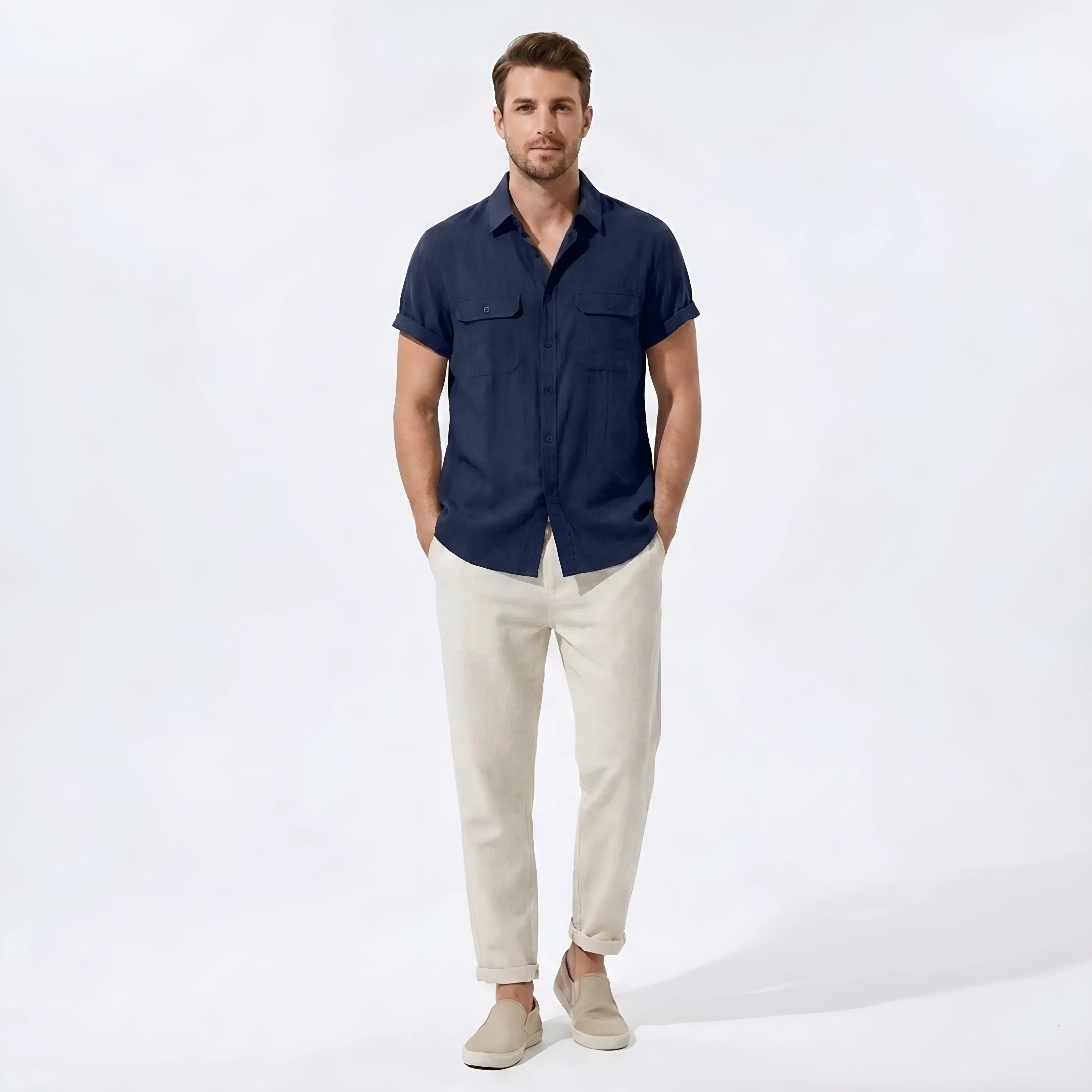 Close-up of navy linen-rayon utility shirt and straight-leg pants set – TARLANO