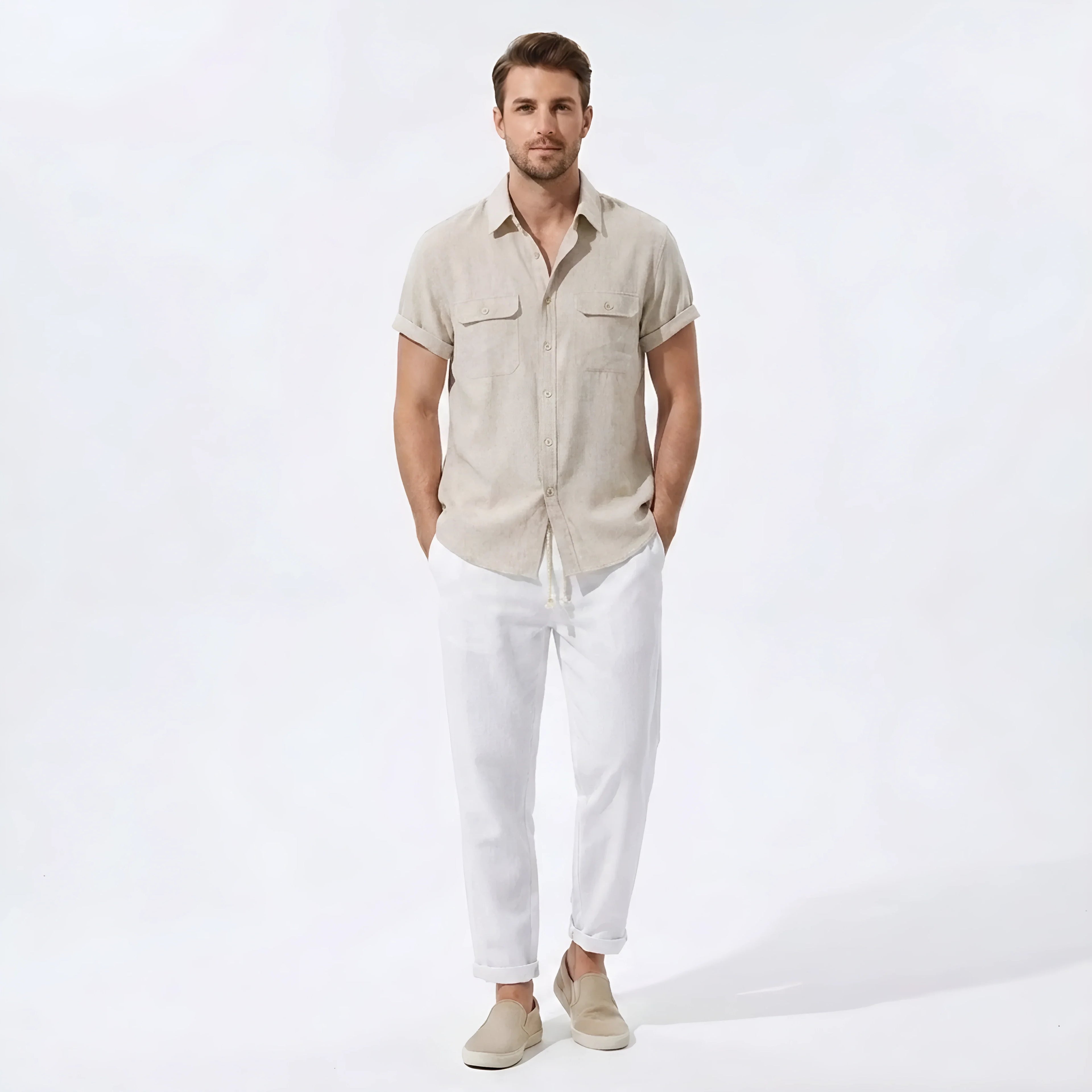 Linen Pants Men Utility Shirt Set 2-Piece Smart Casual – Raxo