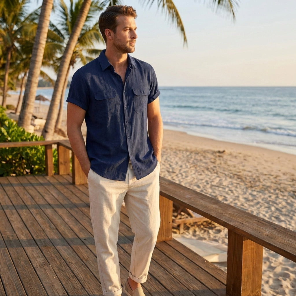Linen Pants Men Utility Shirt Set 2-Piece Smart Casual – Raxo