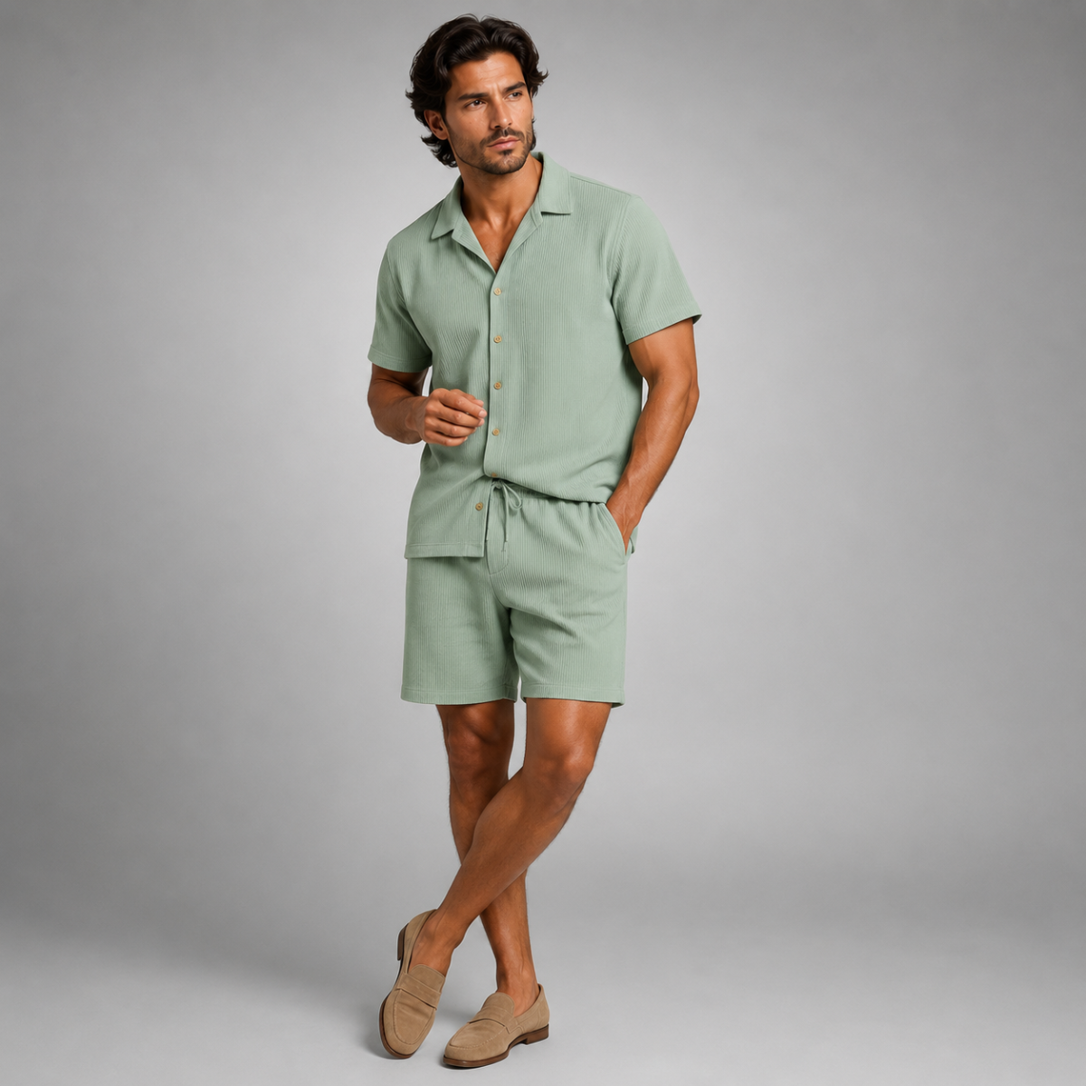 Ribbed linen shirt and shorts set in green – TARLANO