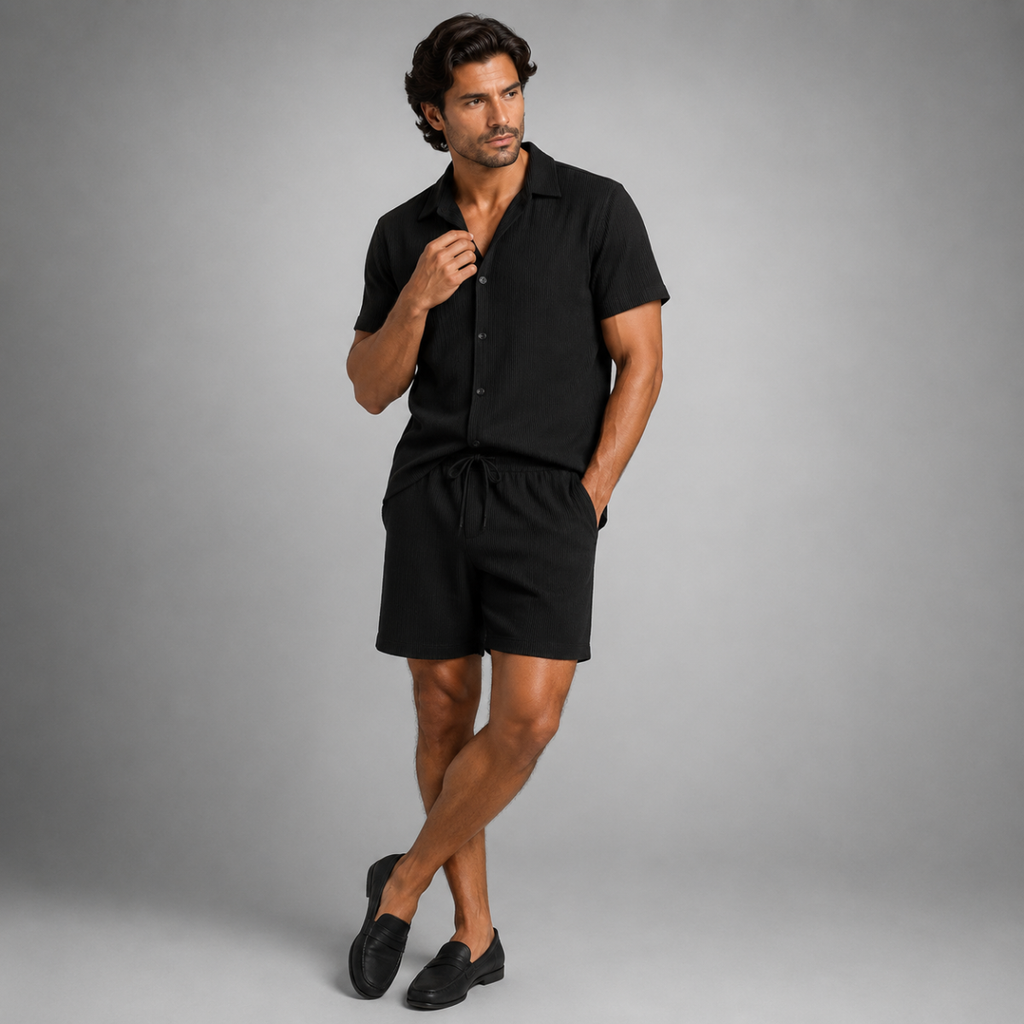 Linen Shirt Men Camp Collar Shorts Set Ribbed Weave