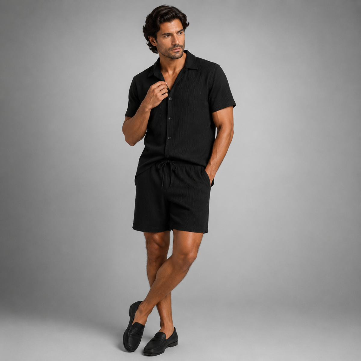 Linen Shirt Men Camp Collar Shorts Set Ribbed Weave