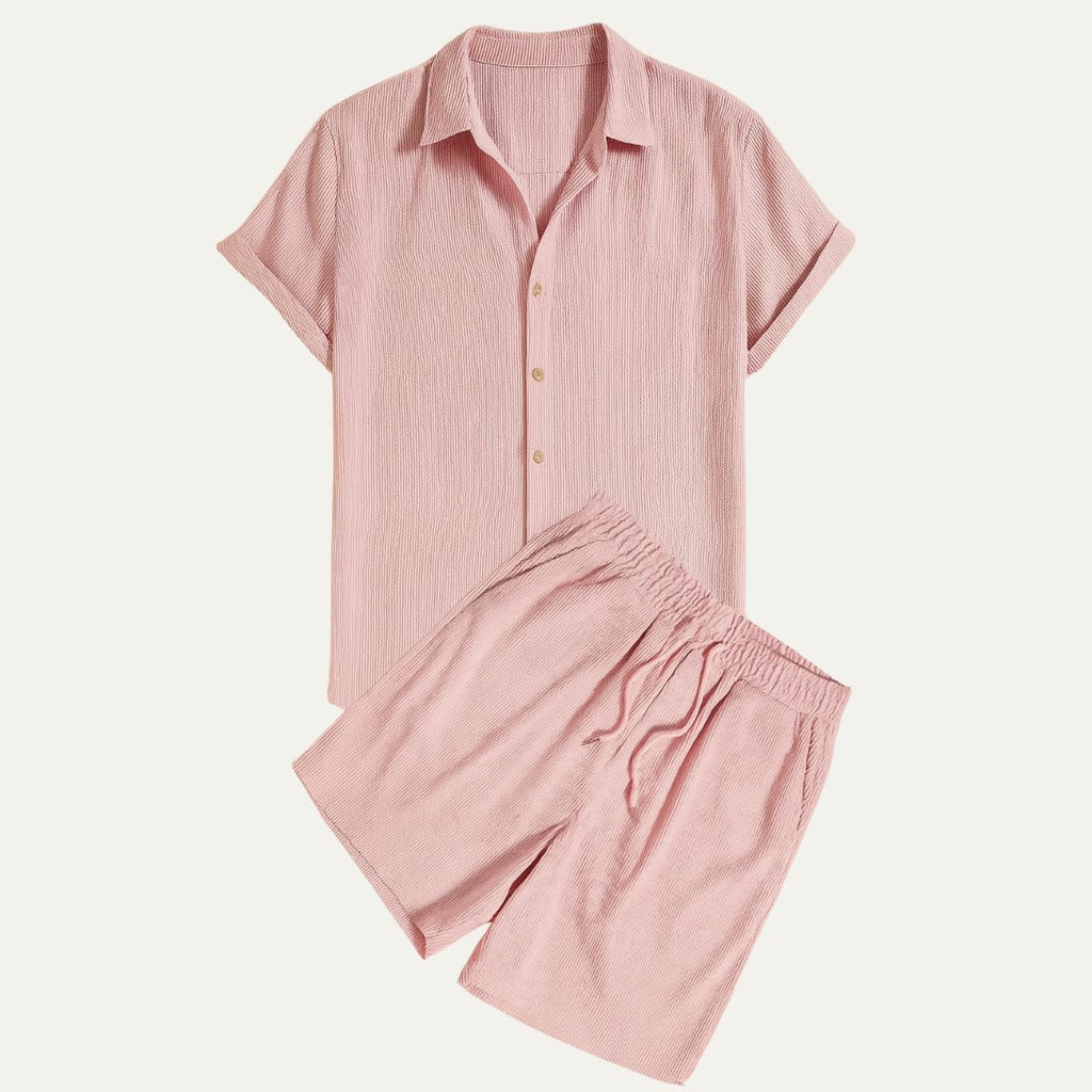 Linen Shirt Men Camp Collar Shorts Set Ribbed Weave