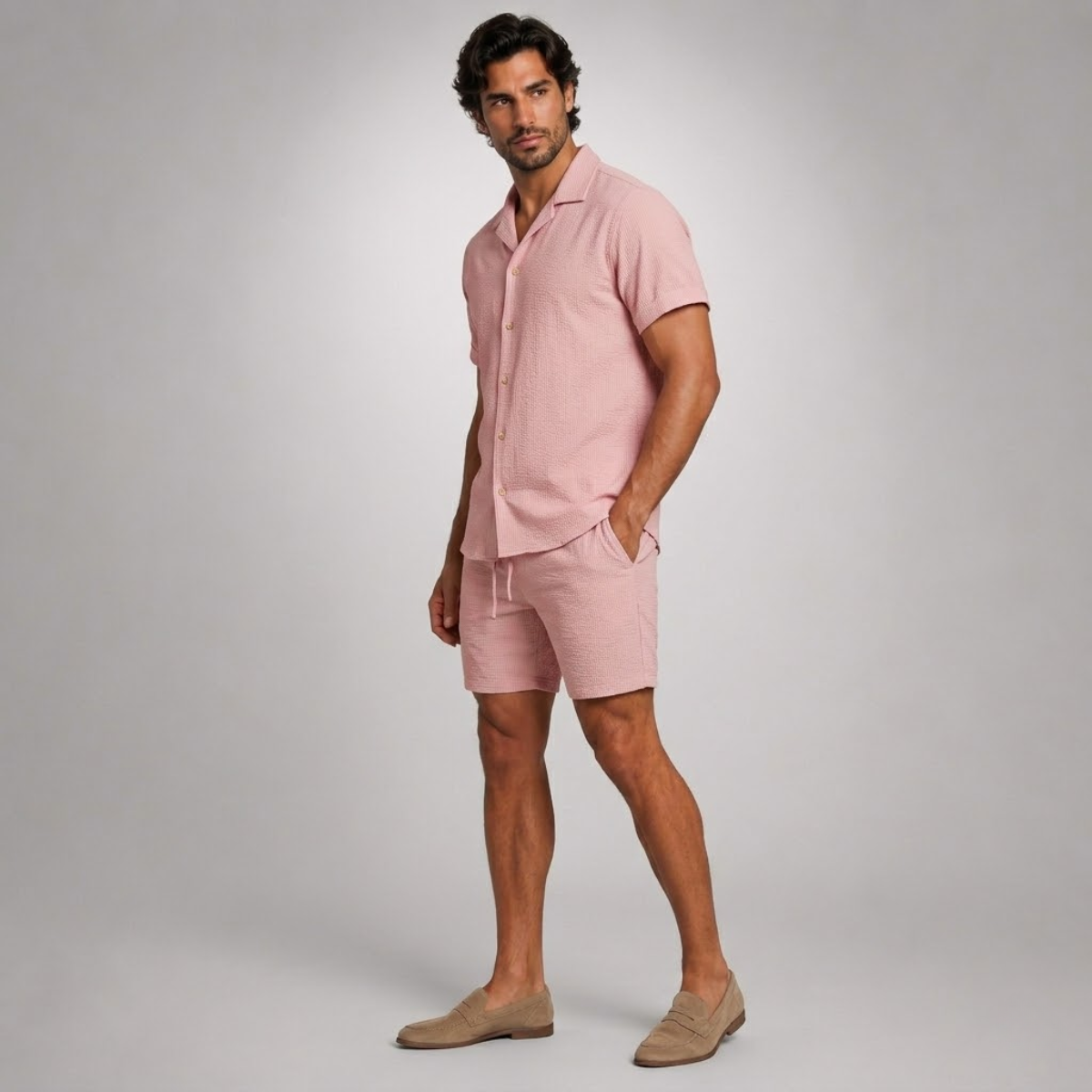Linen Shirt Men Camp Collar Shorts Set Ribbed Weave