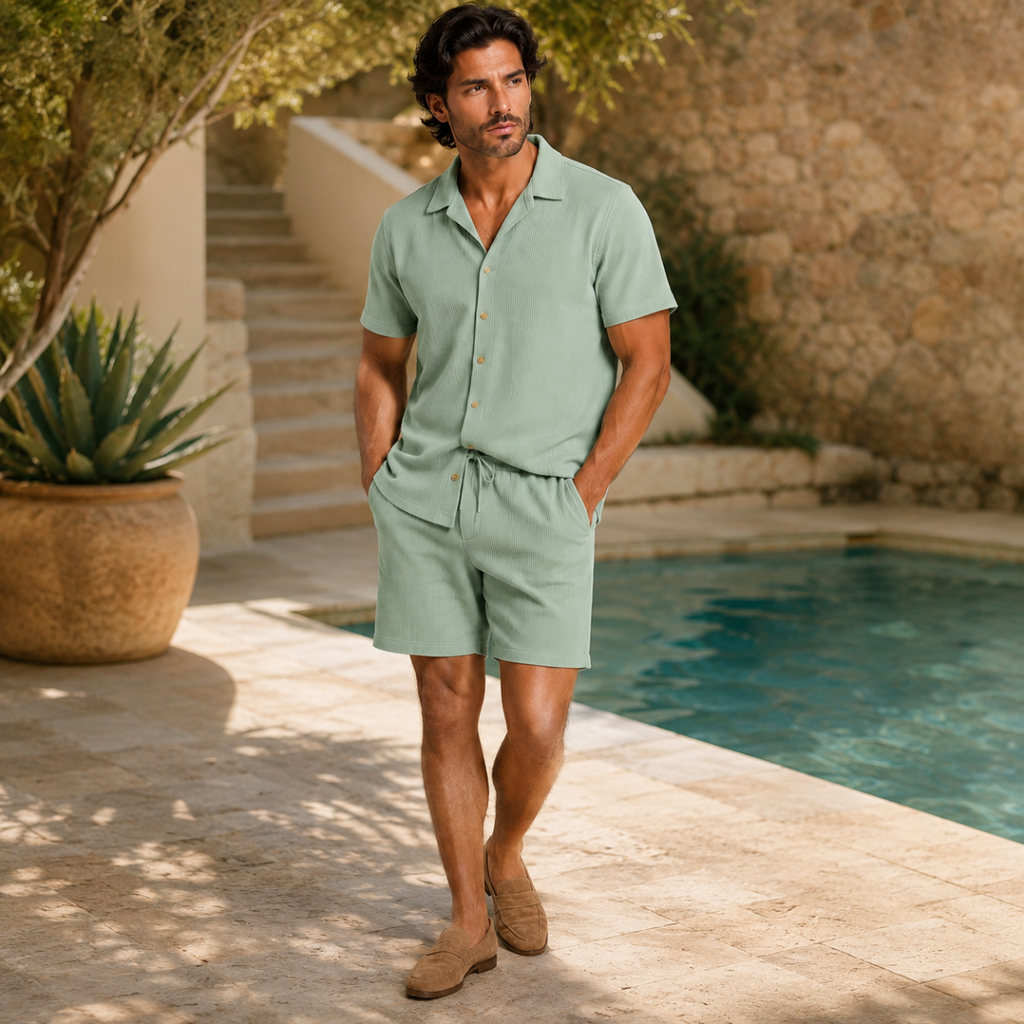 Linen Shirt Men Camp Collar Shorts Set Ribbed Weave
