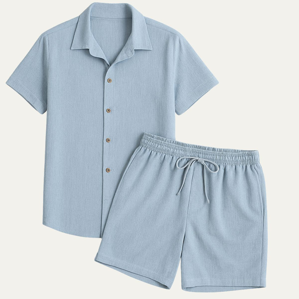 Linen Shirt Men Camp Collar Shorts Set Ribbed Weave
