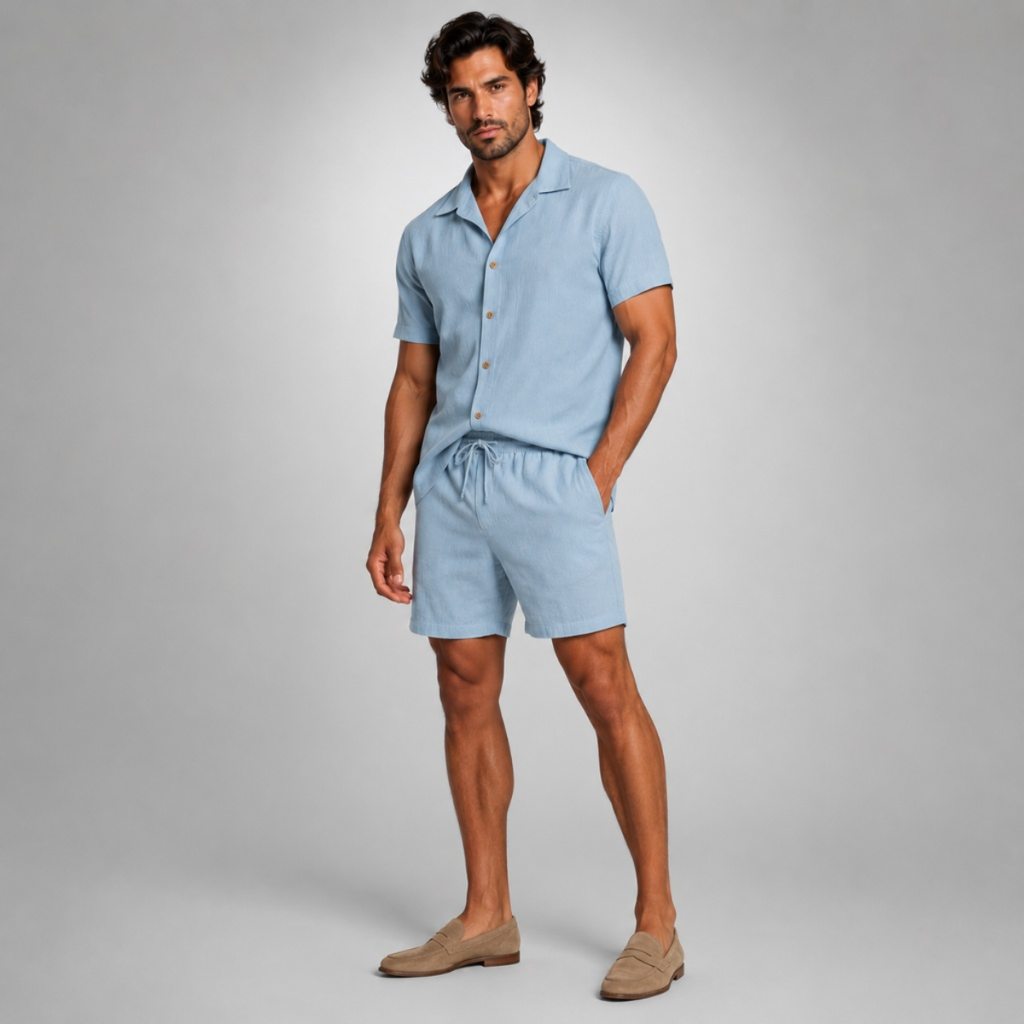 Linen Shirt Men Camp Collar Shorts Set Ribbed Weave