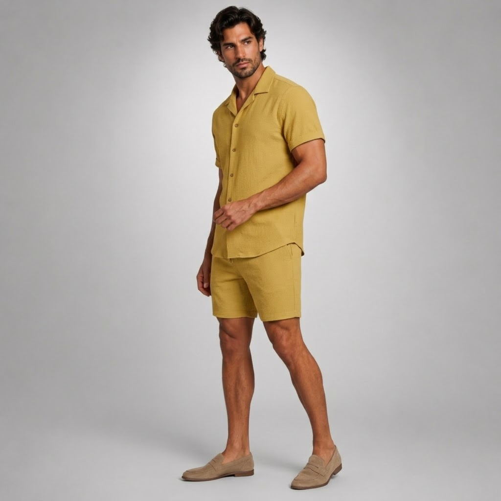 Linen Shirt Men Camp Collar Shorts Set Ribbed Weave