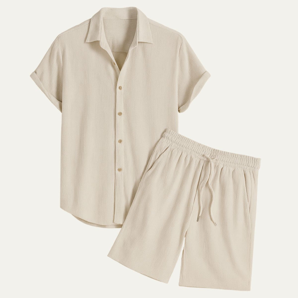 Linen Shirt Men Camp Collar Shorts Set Ribbed Weave