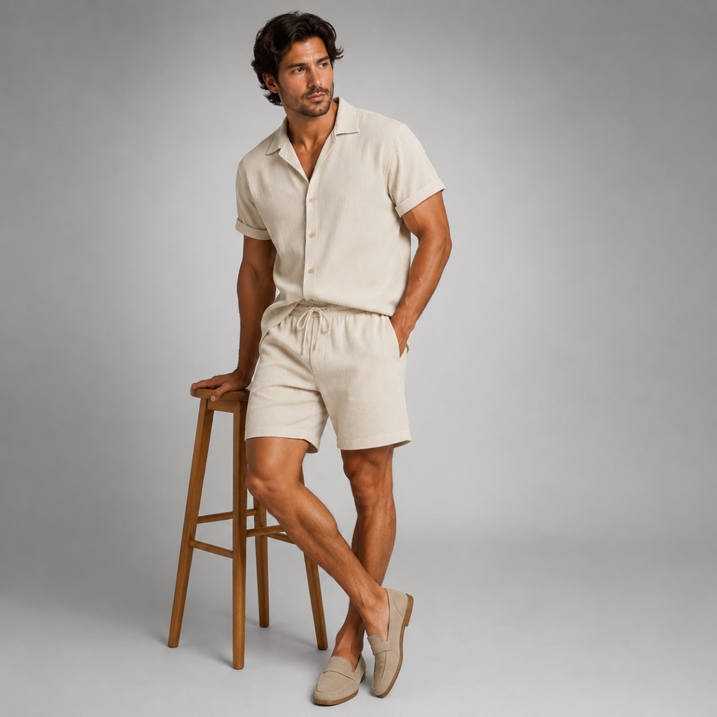 Linen Shirt Men Camp Collar Shorts Set Ribbed Weave