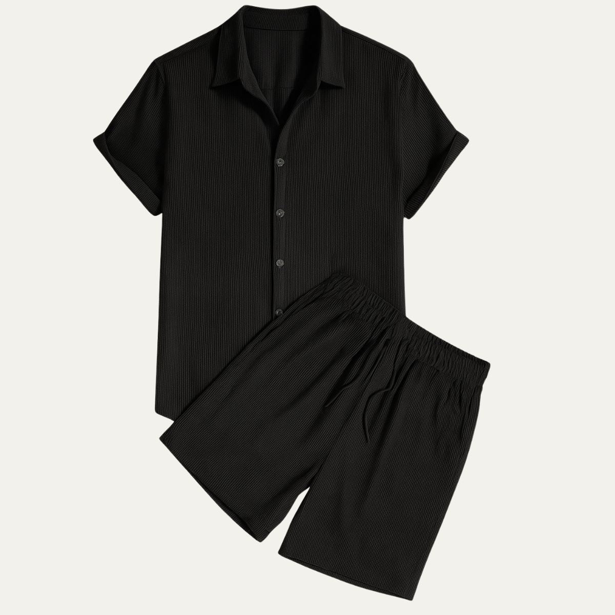 Linen Shirt Men Camp Collar Shorts Set Ribbed Weave