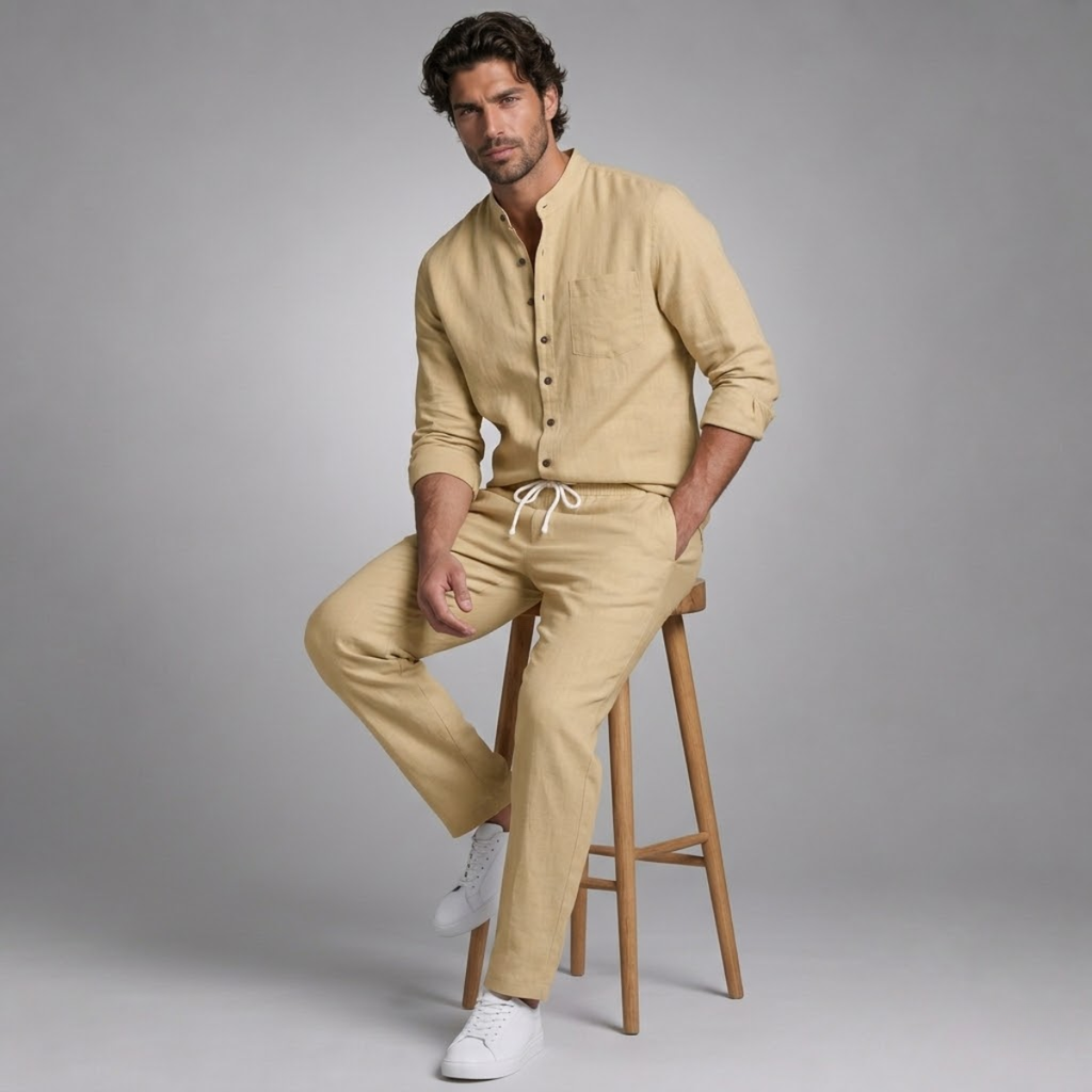 Linen Shirt Men Long Sleeve and Trousers Set Band Collar – Ranso