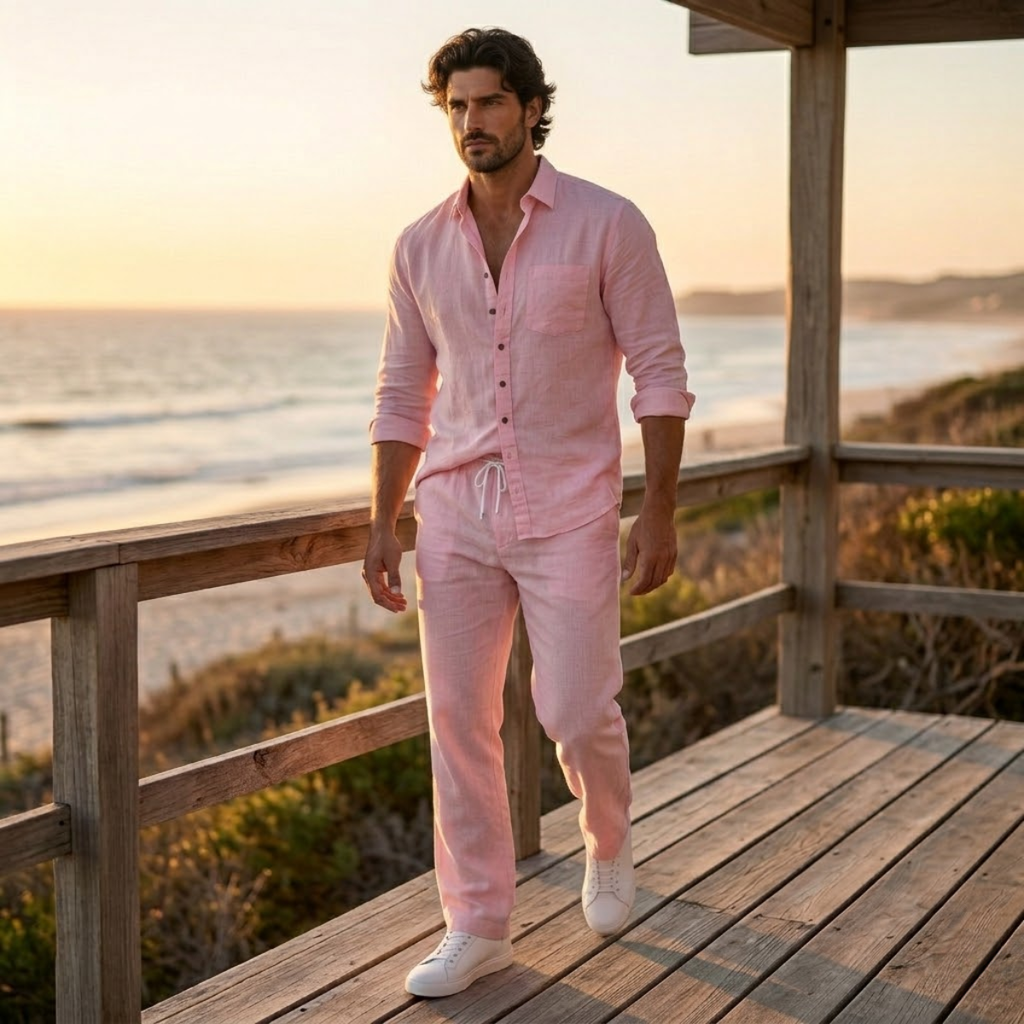 Linen Shirt Men Long Sleeve and Trousers Set Band Collar – Ranso