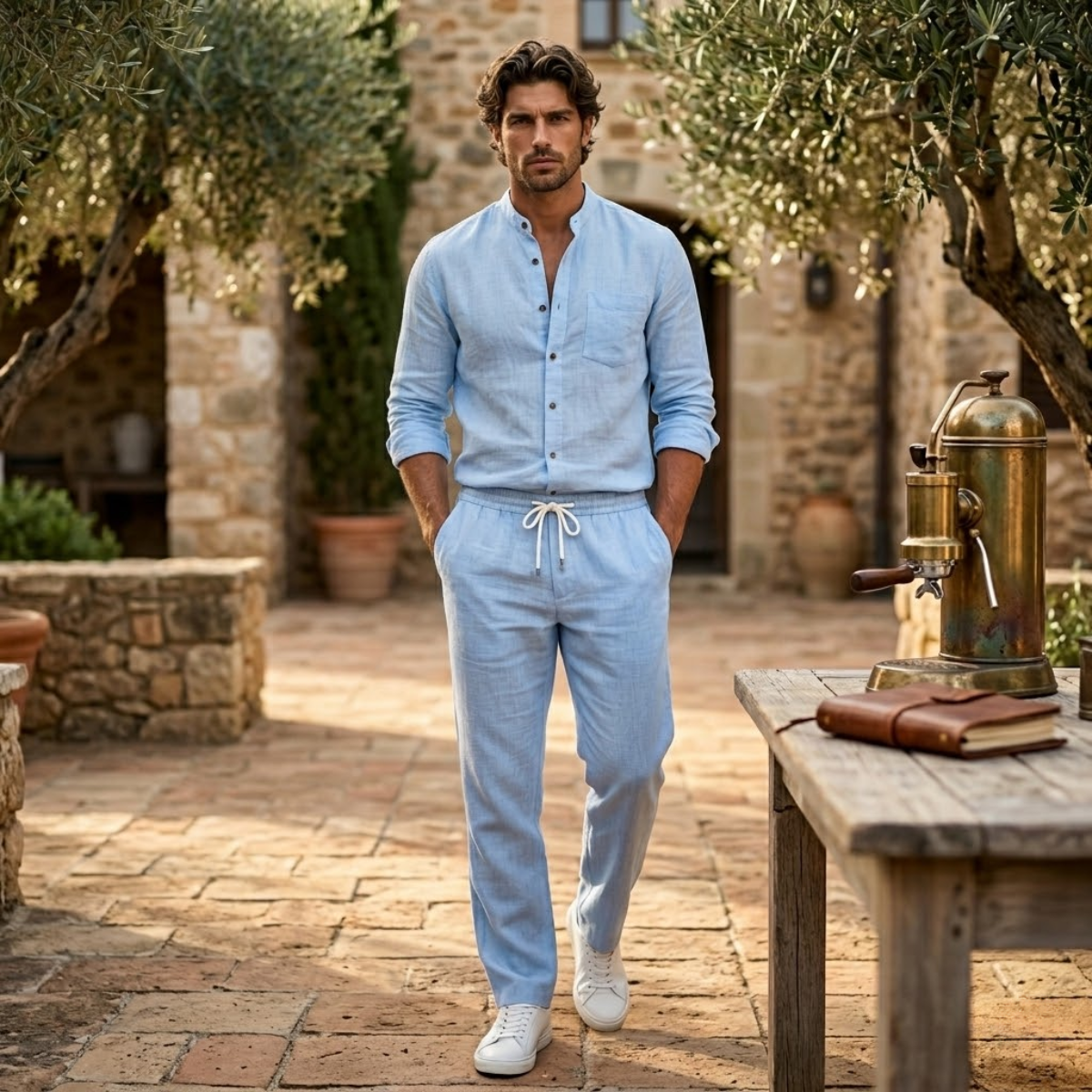Linen Shirt Men Long Sleeve and Trousers Set Band Collar – Ranso