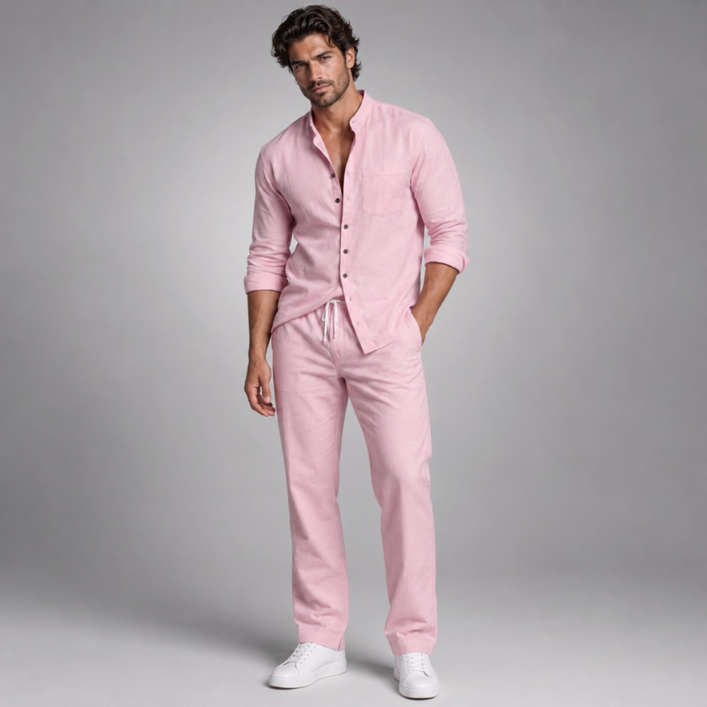Model wearing linen co-ord set in light pink – TARLANO