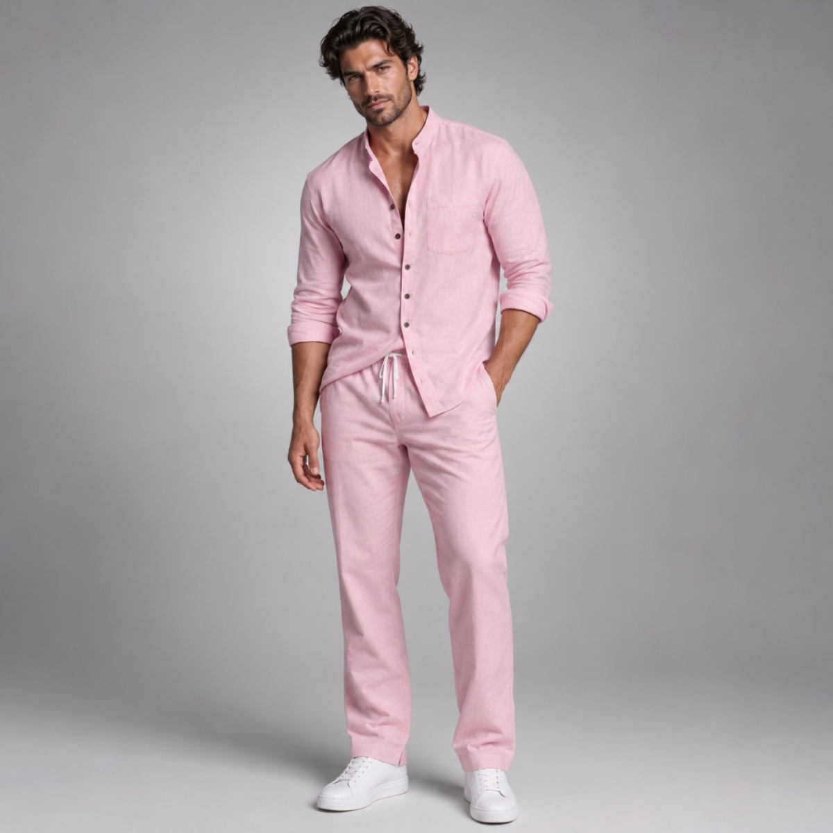 Model wearing linen co-ord set in light pink – TARLANO