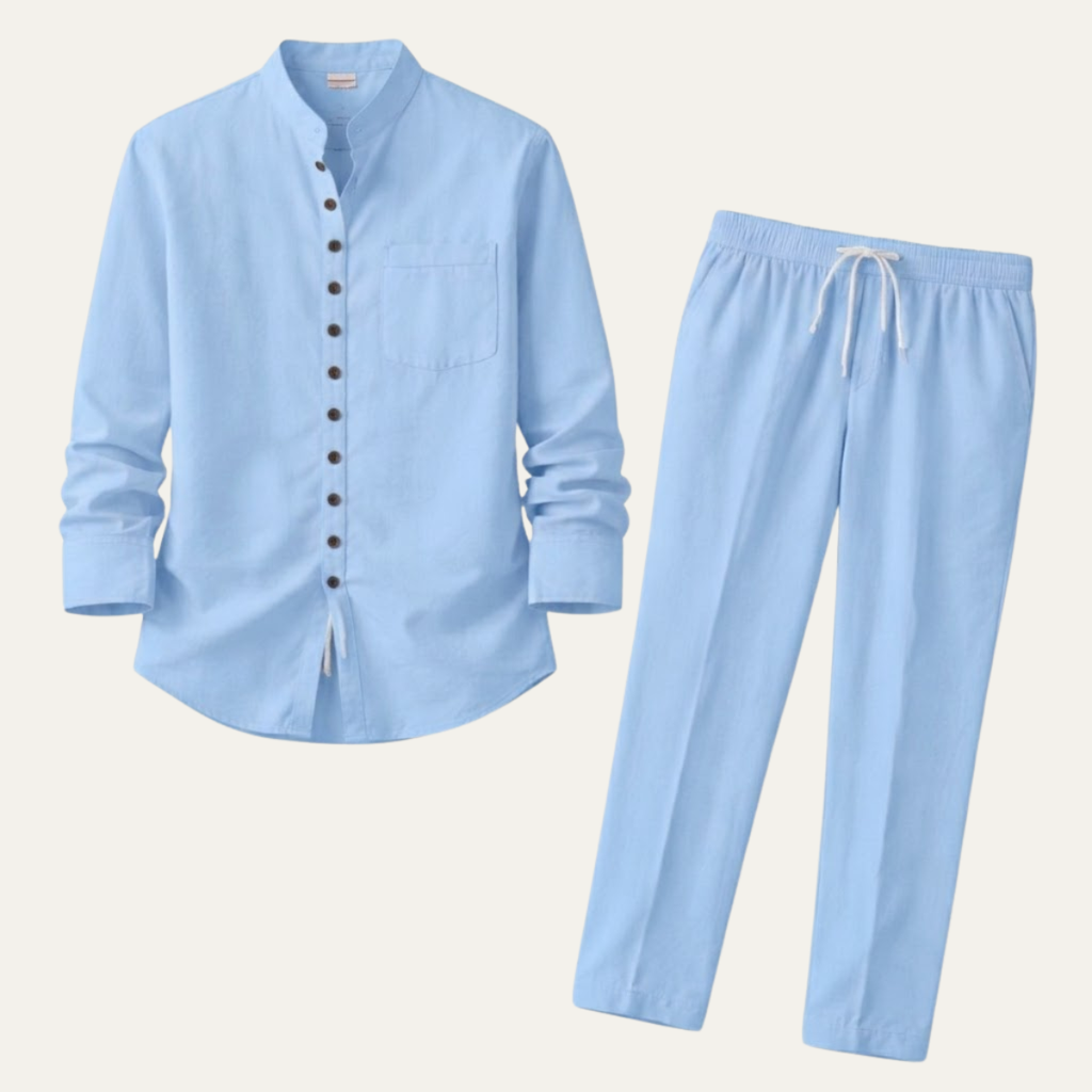 Linen Shirt Men Long Sleeve and Trousers Set Band Collar – Ranso