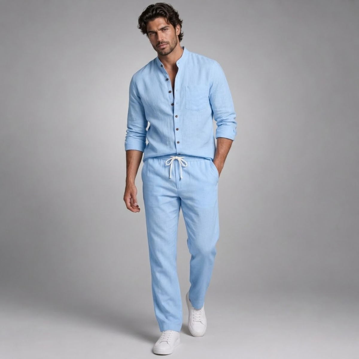 Linen Shirt Men Long Sleeve and Trousers Set Band Collar – Ranso