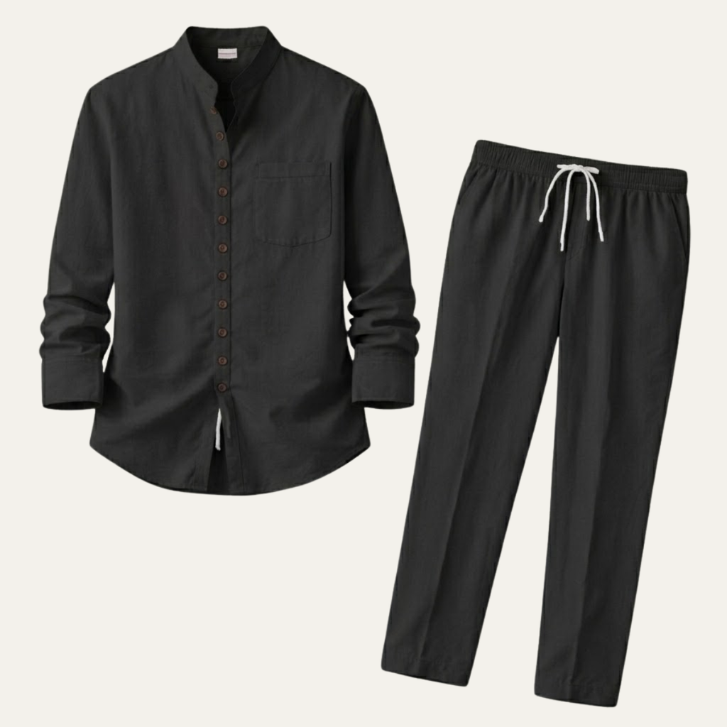 Linen Shirt Men Long Sleeve and Trousers Set Band Collar – Ranso