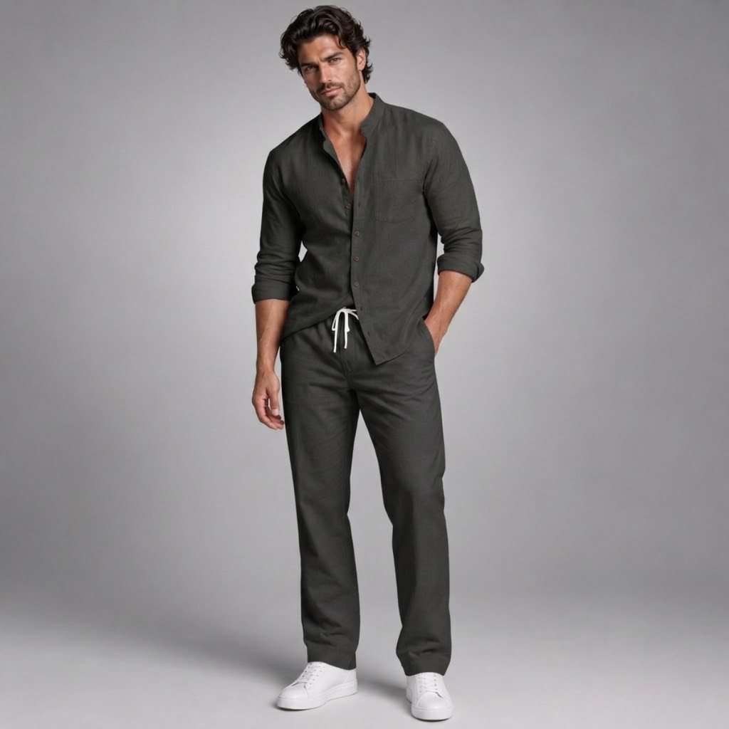 Linen Shirt Men Long Sleeve and Trousers Set Band Collar – Ranso