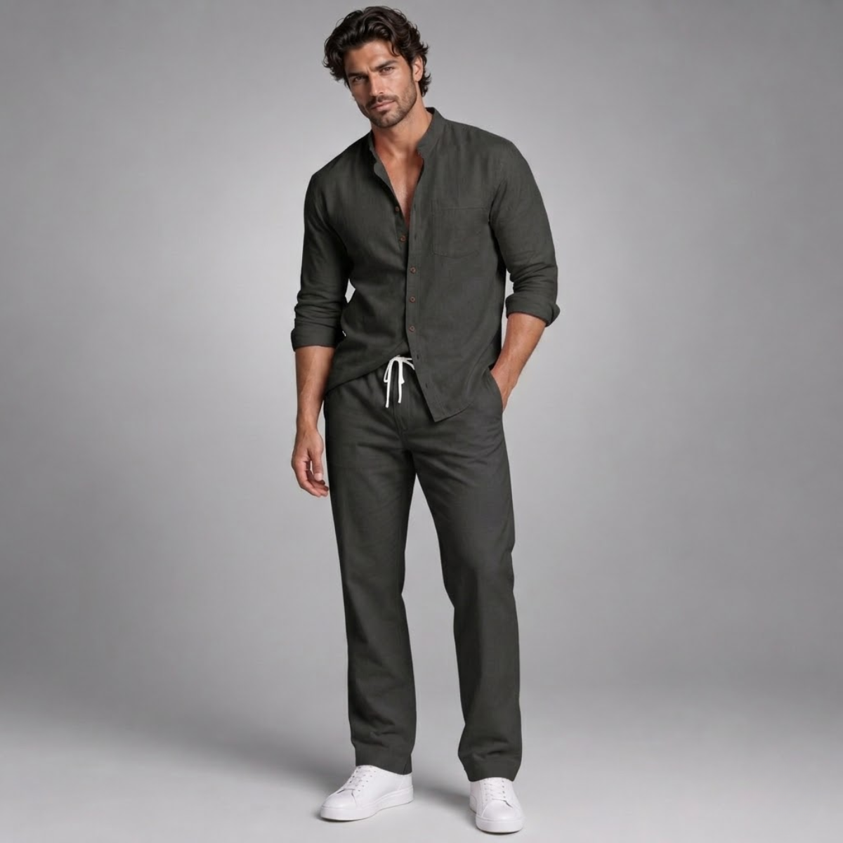 Linen Shirt Men Long Sleeve and Trousers Set Band Collar – Ranso
