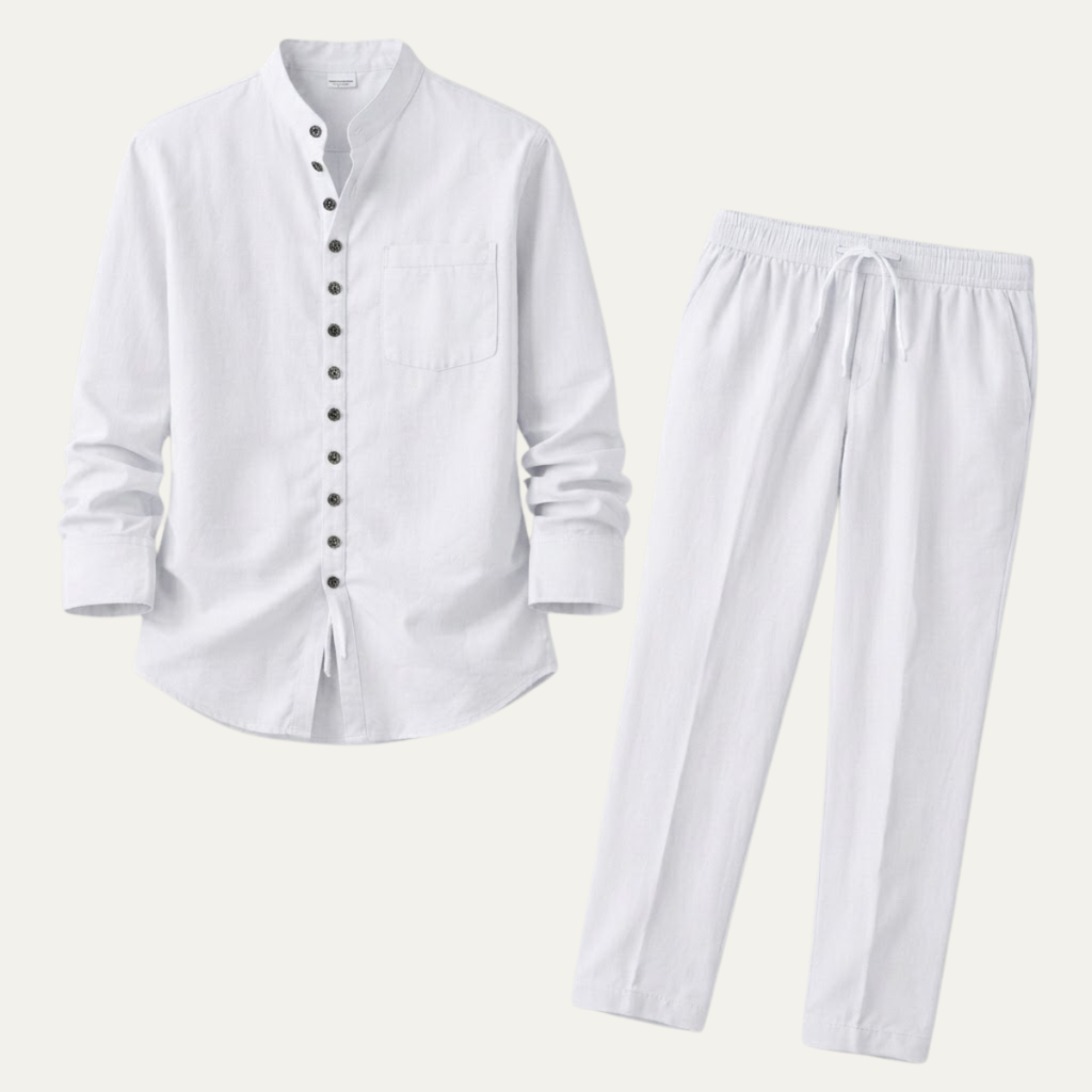 Linen Shirt Men Long Sleeve and Trousers Set Band Collar – Ranso