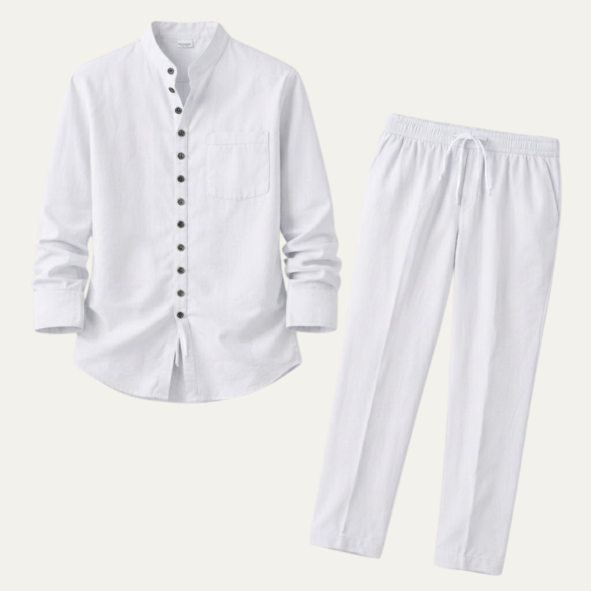 Linen Shirt Men Long Sleeve and Trousers Set Band Collar – Ranso
