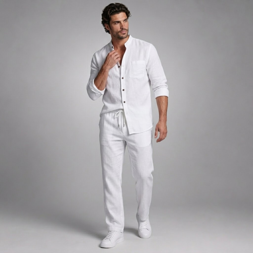 Linen Shirt Men Long Sleeve and Trousers Set Band Collar – Ranso