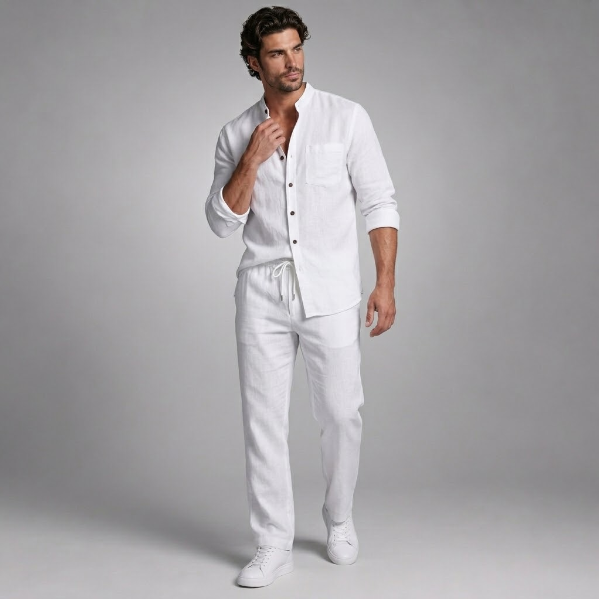 Linen Shirt Men Long Sleeve and Trousers Set Band Collar – Ranso