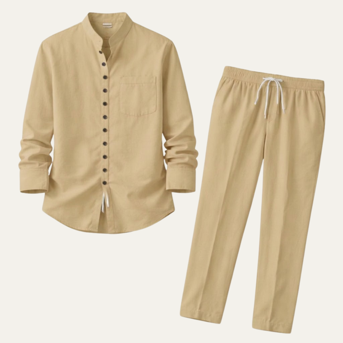 Linen Shirt Men Long Sleeve and Trousers Set Band Collar – Ranso