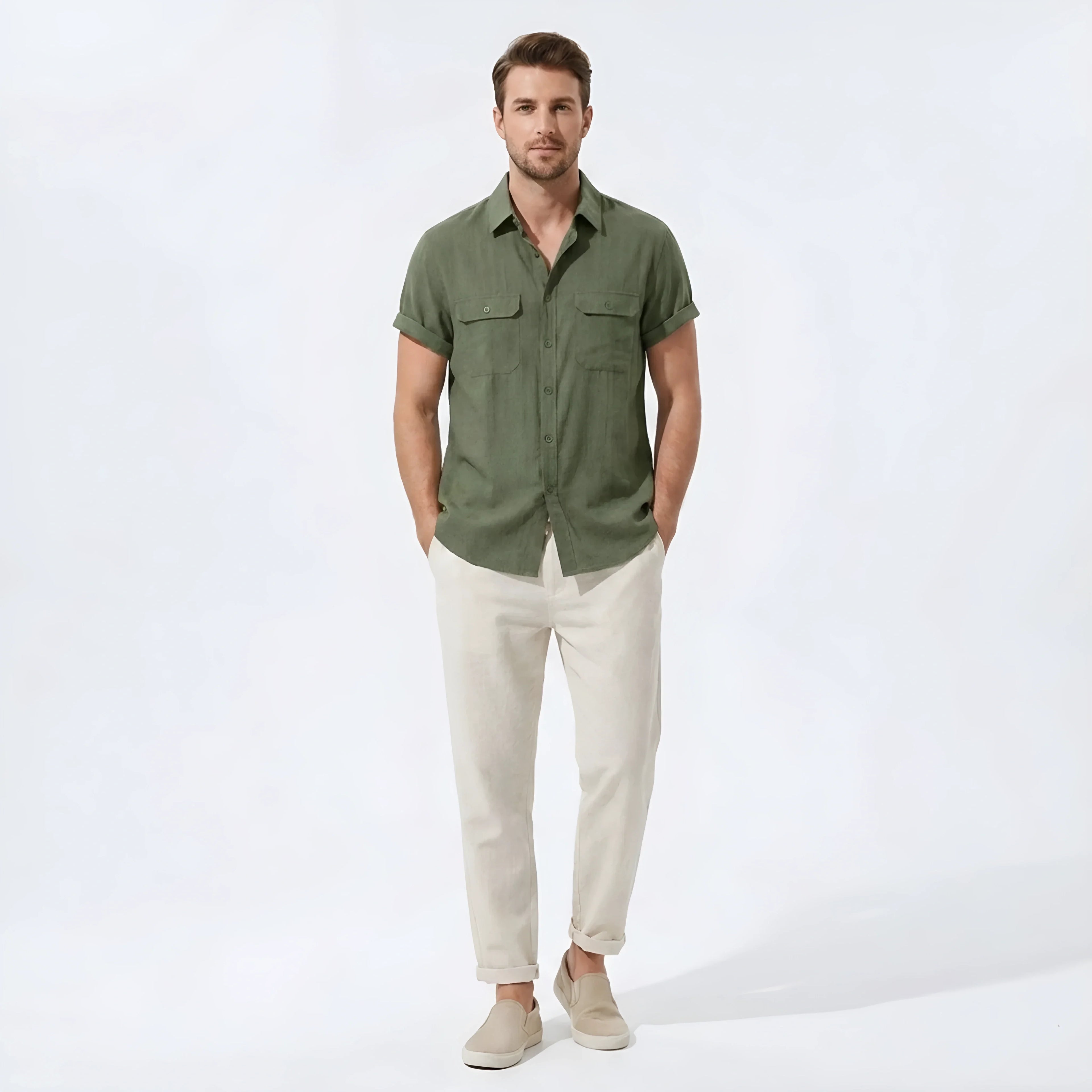 Linen Pants Men Utility Shirt Set 2-Piece Smart Casual – Raxo