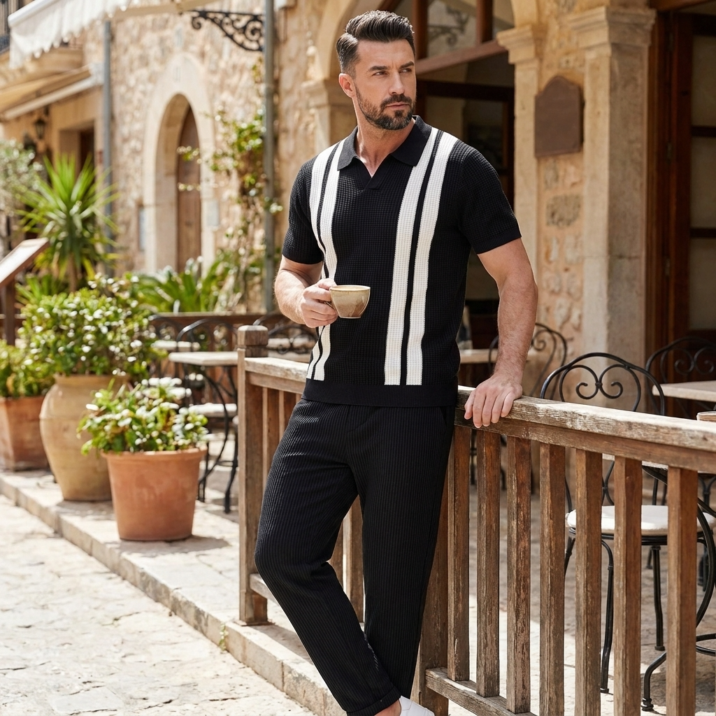 Mens Pant & Striped Knit Polo Set Waffle Drawstring – Vaxo