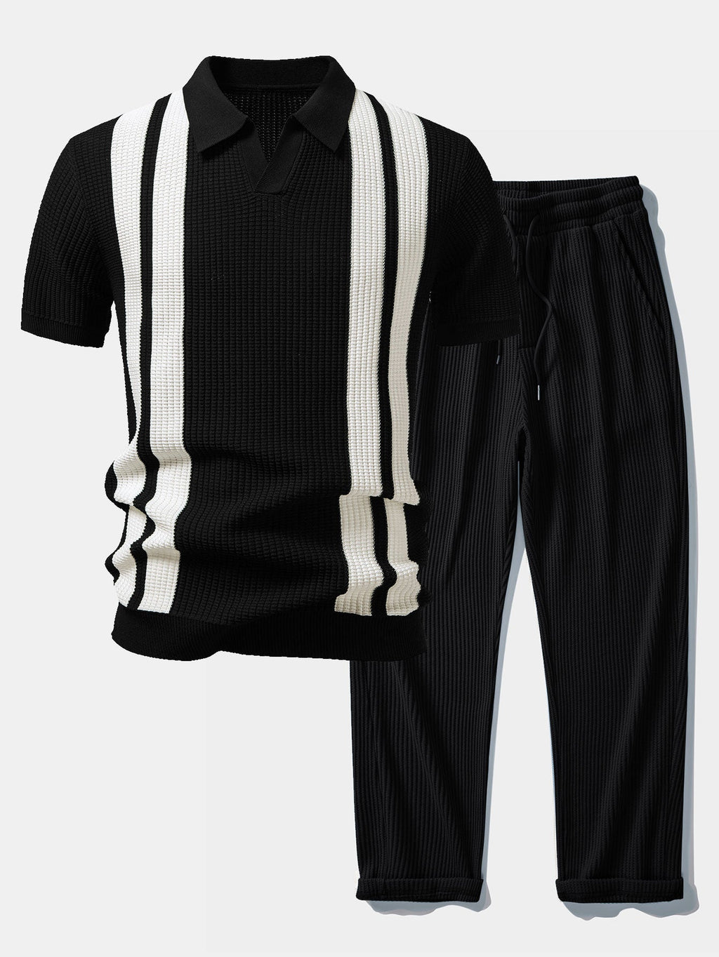Mens Pant & Striped Knit Polo Set Waffle Drawstring – Vaxo
