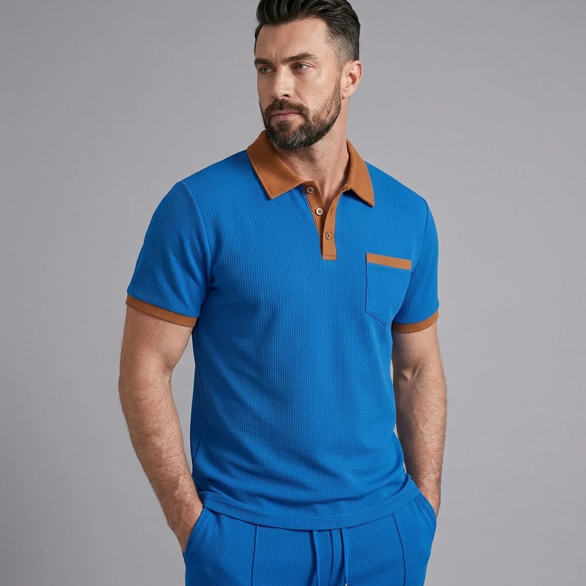 Mens Pant & Polo Waffle Knit 2-Piece Set Straight Leg – Taxo