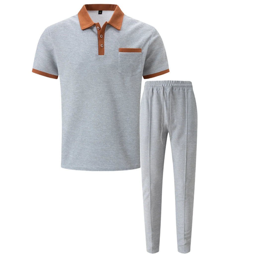 Mens Pant & Polo Waffle Knit 2-Piece Set Straight Leg – Taxo
