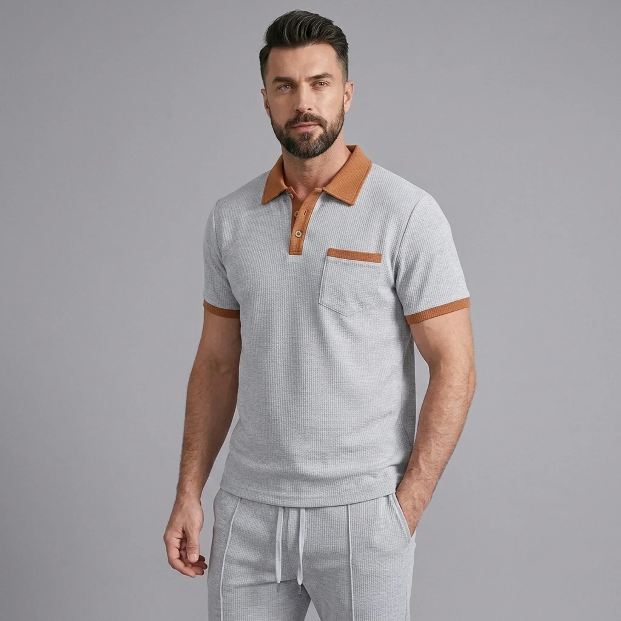 Mens Pant & Polo Waffle Knit 2-Piece Set Straight Leg – Taxo