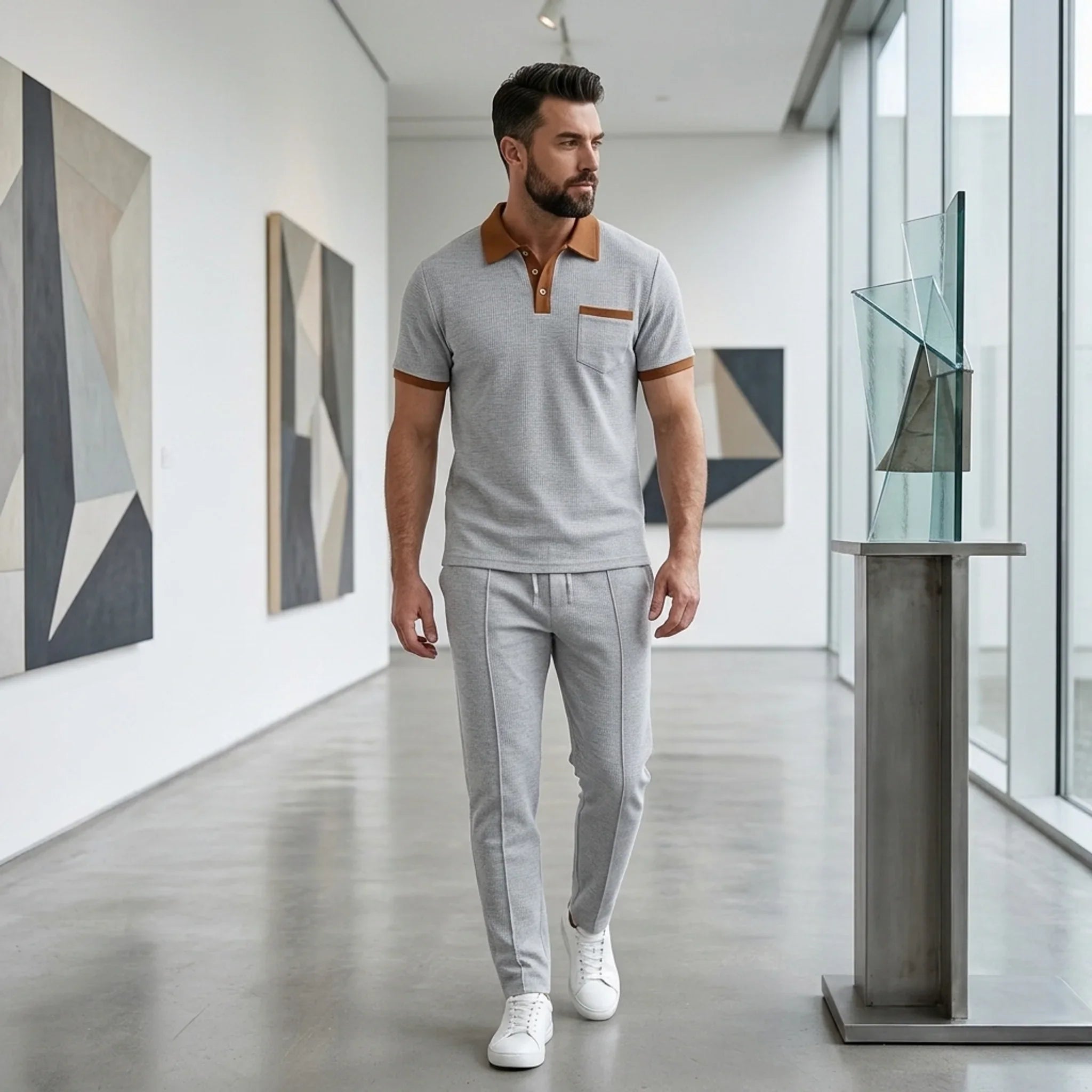 Mens Pant & Polo Waffle Knit 2-Piece Set Straight Leg – Taxo