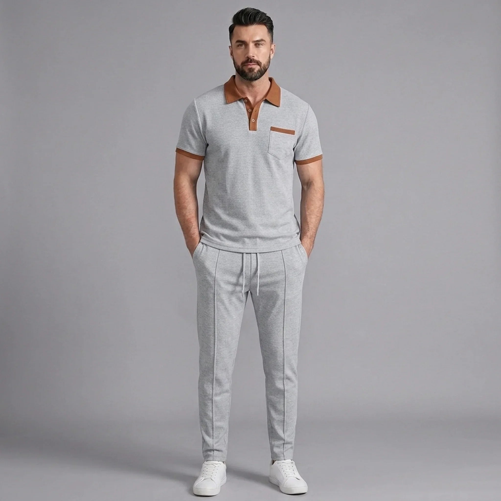 Mens Pant & Polo Waffle Knit 2-Piece Set Straight Leg – Taxo