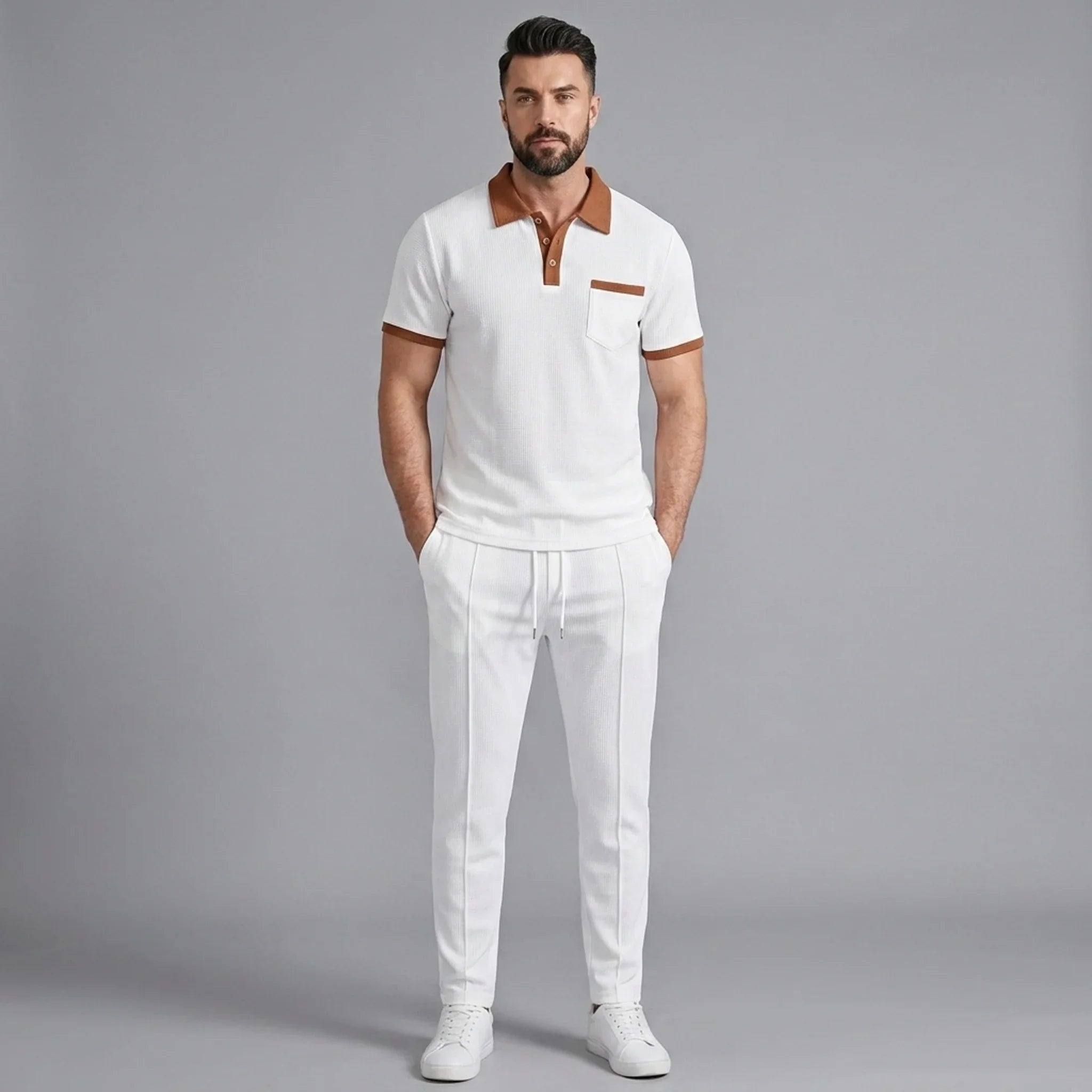 Mens Pant & Polo Waffle Knit 2-Piece Set Straight Leg – Taxo