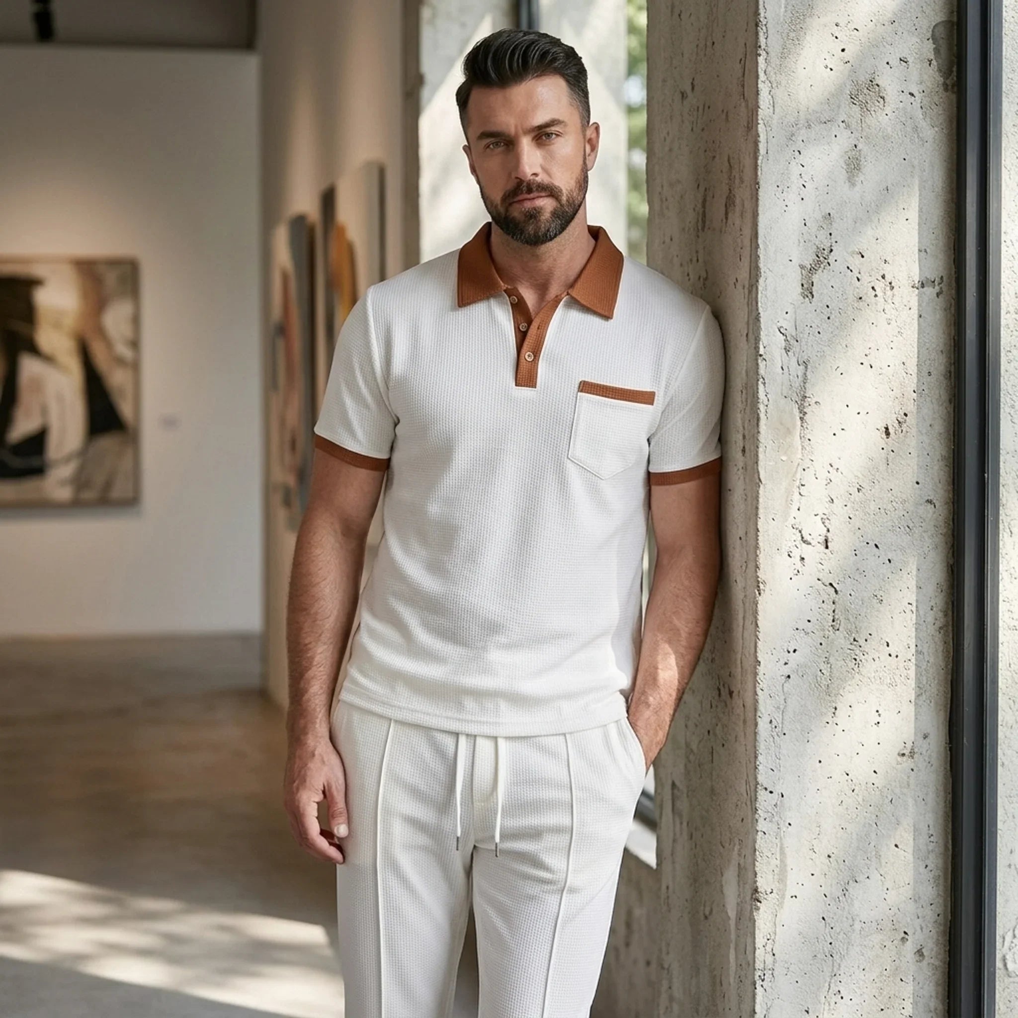 Mens Pant & Polo Waffle Knit 2-Piece Set Straight Leg – Taxo