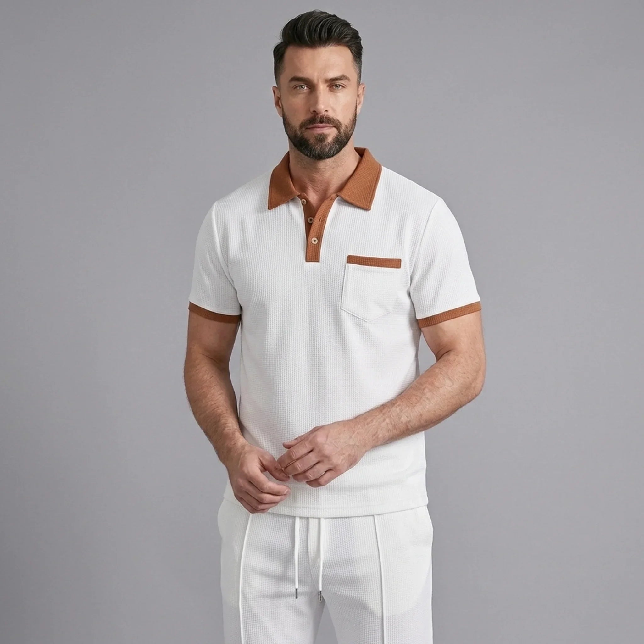 Mens Pant & Polo Waffle Knit 2-Piece Set Straight Leg – Taxo