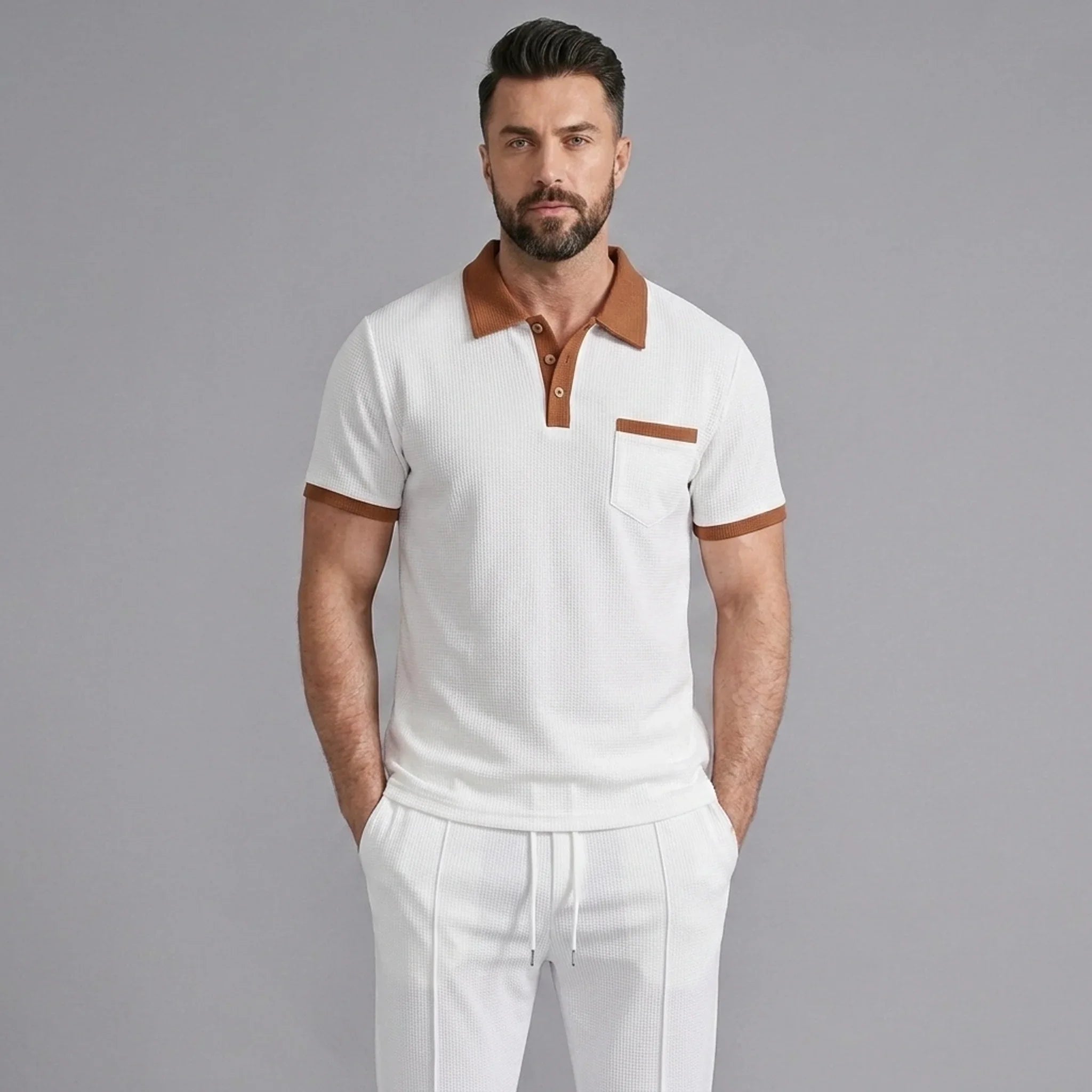 Mens Pant & Polo Waffle Knit 2-Piece Set Straight Leg – Taxo